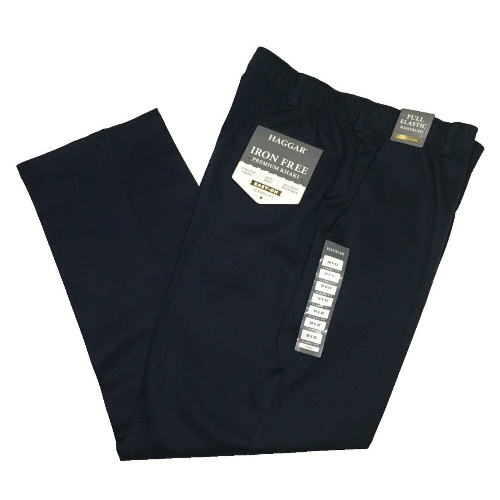 Haggar Premium No Iron Khaki Pants Easy On Elastic Waist Dark Navy FIT *37 x 32